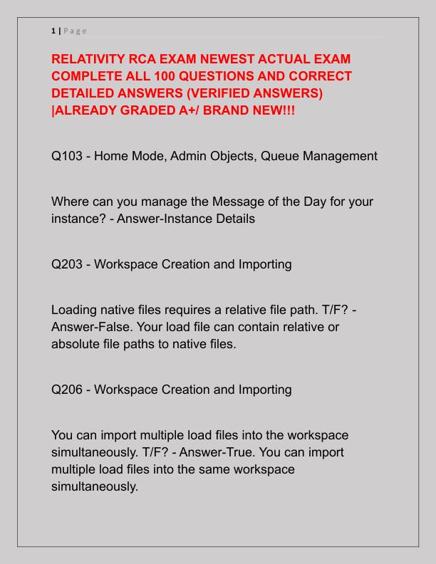 RELATIVITY RCA EXAM NEWEST ACTUAL EXAM COMPLETE ALL 100 QUESTIONS AND CORRECT DETAILED ANSWERS