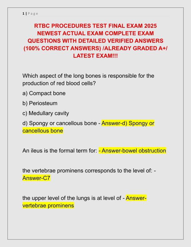 RTBC PROCEDURES TEST FINAL EXAM 2025 NEWEST ACTUAL EXAM COMPLETE EXAM QUESTIONS WITH DETAILED VERIFIED ANSWERS