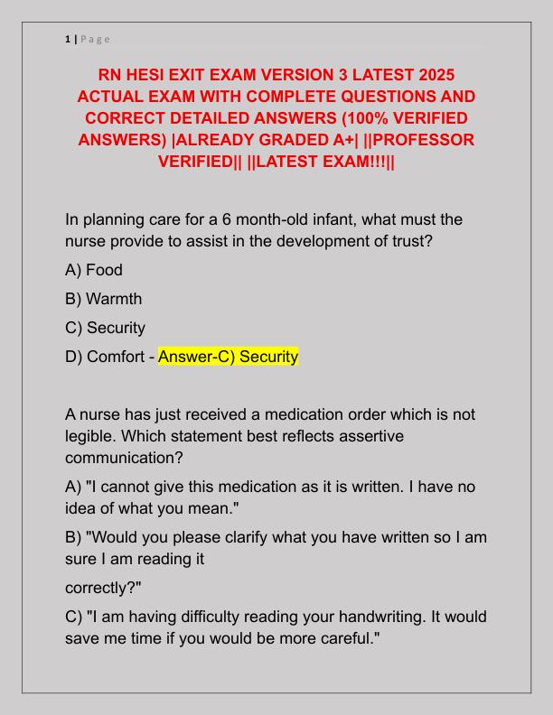 RN HESI EXIT EXAM VERSION 3 LATEST 2025 ACTUAL EXAM WITH COMPLETE QUESTIONS AND CORRECT DETAILED ANSWERS