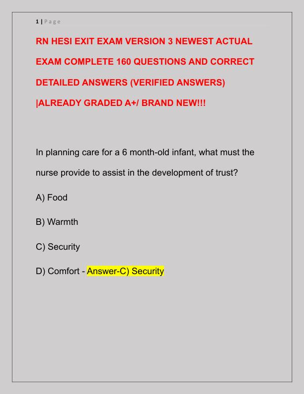 RN HESI EXIT EXAM VERSION 3 NEWEST ACTUAL EXAM COMPLETE 160 QUESTIONS AND CORRECT DETAILED ANSWERS