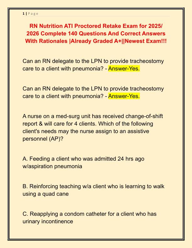RN Nutrition ATI Proctored Retake Exam for 2025