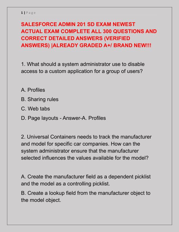 SALESFORCE ADMIN 201 SD EXAM NEWEST ACTUAL EXAM COMPLETE ALL 300 QUESTIONS AND CORRECT DETAILED ANSWERS