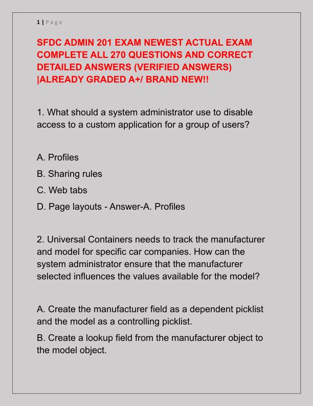 SFDC ADMIN 201 EXAM NEWEST ACTUAL EXAM COMPLETE ALL 270 QUESTIONS AND CORRECT DETAILED ANSWERS