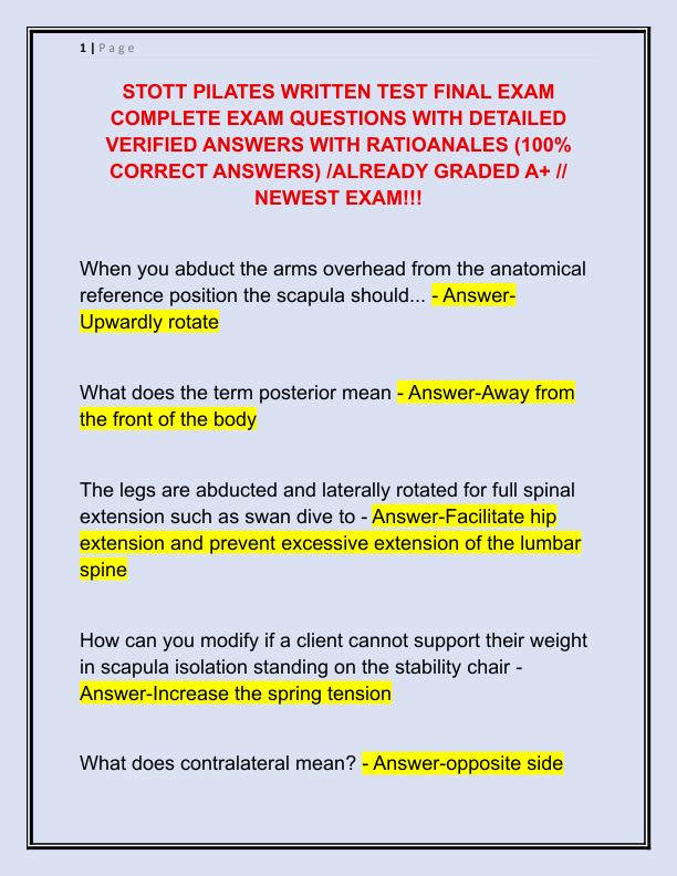 STOTT PILATES WRITTEN TEST FINAL EXAM COMPLETE EXAM QUESTIONS WITH DETAILED VERIFIED ANSWERS WITH RATIOANALES