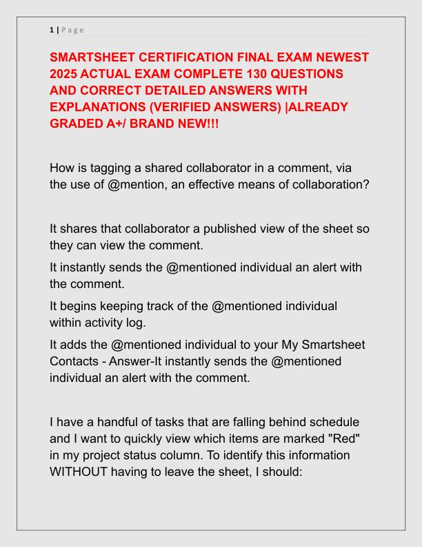 SMARTSHEET CERTIFICATION FINAL EXAM NEWEST 2025 ACTUAL EXAM COMPLETE 130 QUESTIONS AND CORRECT DETAILED ANSWERS WITH EXPLANATIONS