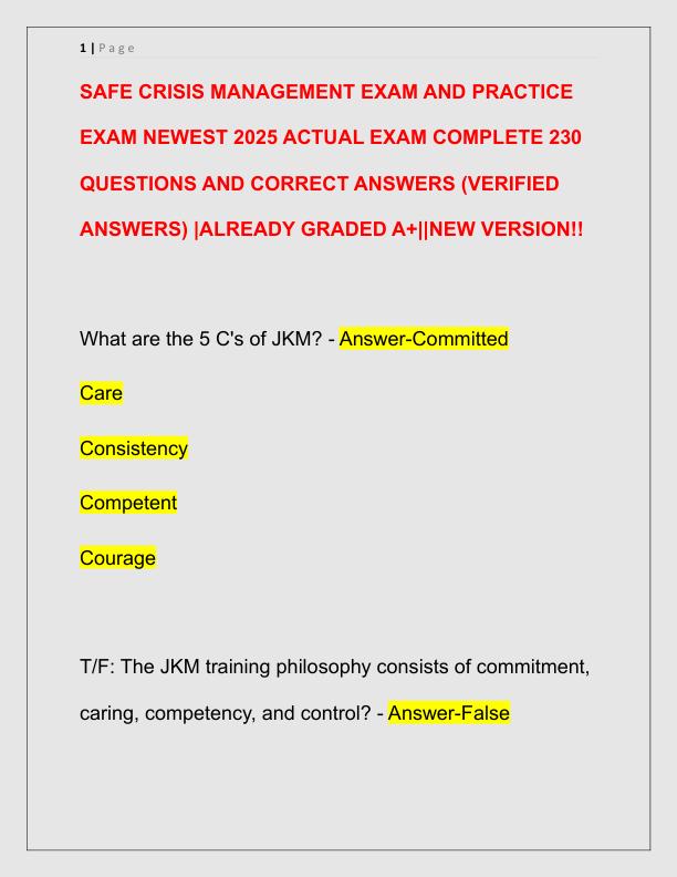 SAFE CRISIS MANAGEMENT EXAM AND PRACTICE EXAM NEWEST 2025 ACTUAL EXAM COMPLETE 230 QUESTIONS AND CORRECT ANSWERS