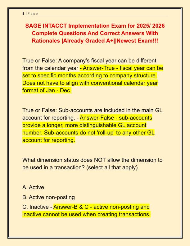 SAGE INTACCT Implementation Exam for 2025