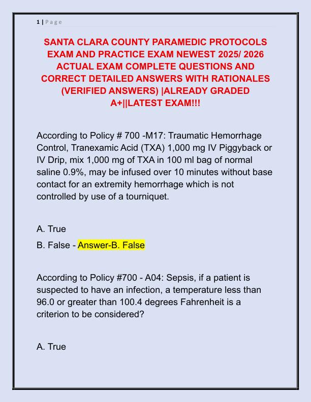 SANTA CLARA COUNTY PARAMEDIC PROTOCOLS EXAM AND PRACTICE EXAM NEWEST 2025