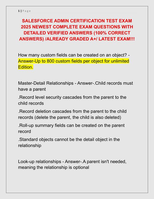 SALESFORCE ADMIN CERTIFICATION TEST EXAM 2025 NEWEST COMPLETE EXAM QUESTIONS WITH DETAILED VERIFIED ANSWERS
