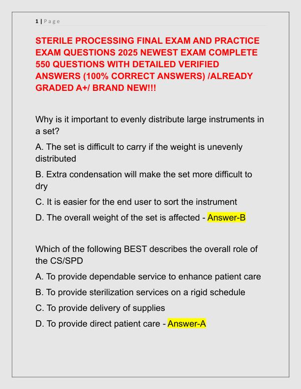 STERILE PROCESSING FINAL EXAM AND PRACTICE EXAM QUESTIONS 2025 NEWEST EXAM COMPLETE 550 QUESTIONS WITH DETAILED VERIFIED ANSWERS