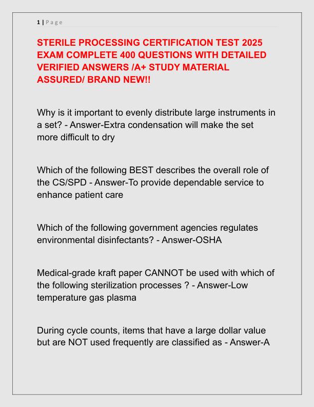 STERILE PROCESSING CERTIFICATION TEST 2025 EXAM COMPLETE 400 QUESTIONS WITH DETAILED VERIFIED ANSWERS