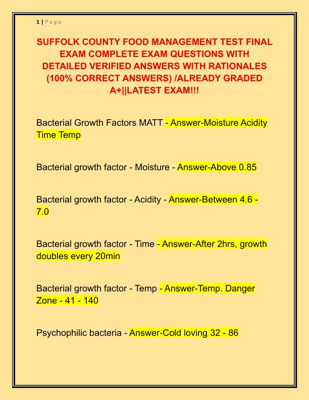SUFFOLK COUNTY FOOD MANAGEMENT TEST FINAL EXAM COMPLETE EXAM QUESTIONS WITH DETAILED VERIFIED ANSWERS WITH RATIONALES