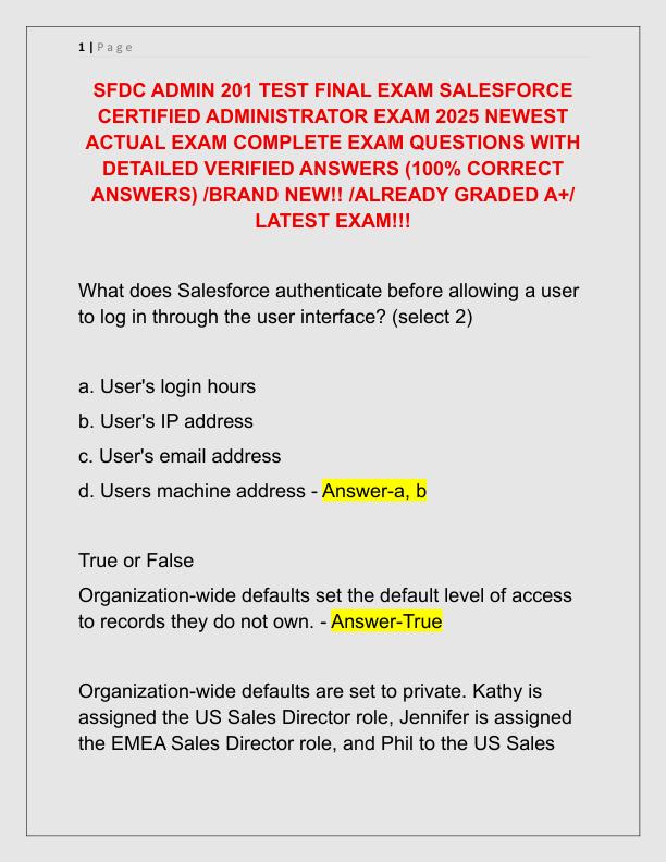 SFDC ADMIN 201 TEST FINAL EXAM SALESFORCE CERTIFIED ADMINISTRATOR EXAM 2025 NEWEST ACTUAL EXAM COMPLETE EXAM QUESTIONS WITH DETAILED VERIFIED ANSWERS