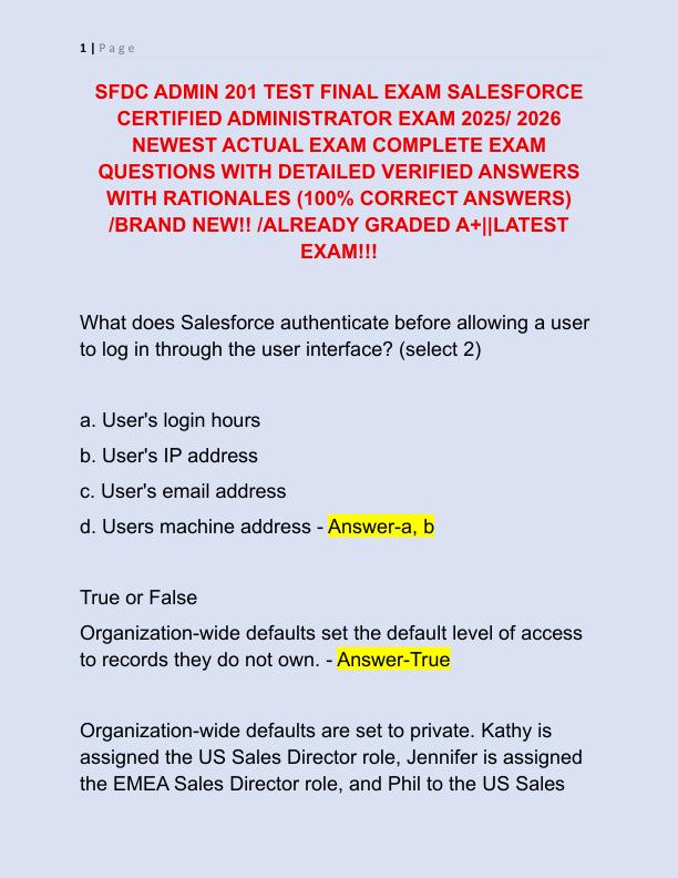 SFDC ADMIN 201 TEST FINAL EXAM SALESFORCE CERTIFIED ADMINISTRATOR EXAM 2025