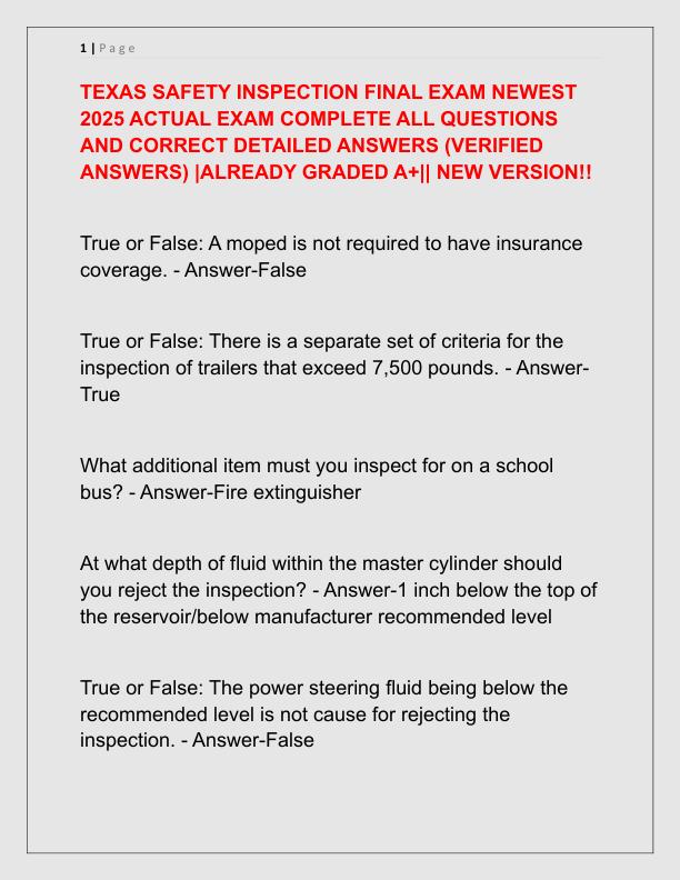 TEXAS SAFETY INSPECTION FINAL EXAM NEWEST 2025 ACTUAL EXAM COMPLETE ALL QUESTIONS AND CORRECT DETAILED ANSWERS
