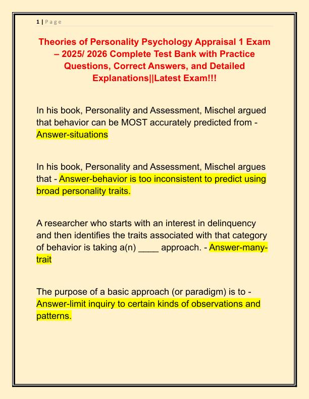 Theories of Personality Psychology Appraisal 1 Exam