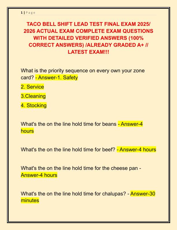 TACO BELL SHIFT LEAD TEST FINAL EXAM 2025