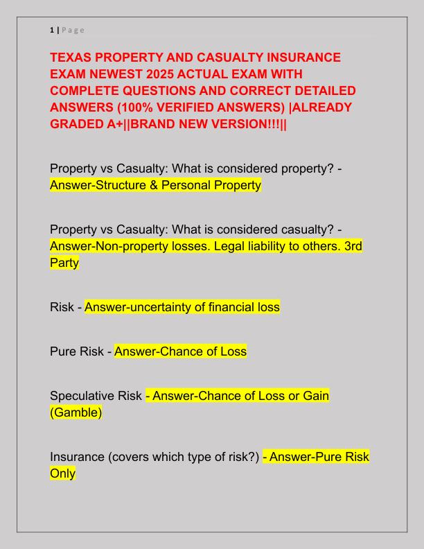 TEXAS PROPERTY AND CASUALTY INSURANCE EXAM NEWEST 2025 ACTUAL EXAM WITH COMPLETE QUESTIONS AND CORRECT DETAILED ANSWERS