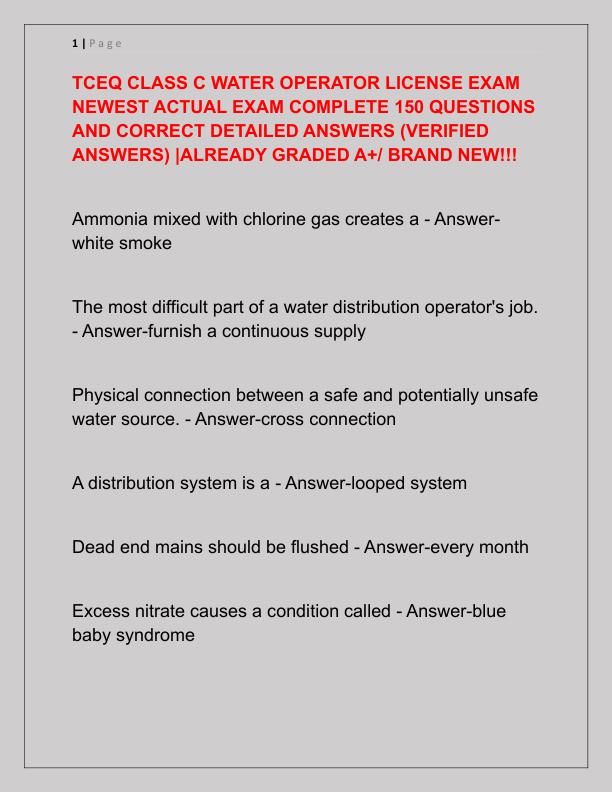TCEQ CLASS C WATER OPERATOR LICENSE EXAM NEWEST ACTUAL EXAM COMPLETE 150 QUESTIONS AND CORRECT DETAILED ANSWERS