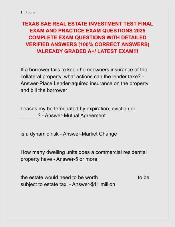 TEXAS SAE REAL ESTATE INVESTMENT TEST FINAL EXAM AND PRACTICE EXAM QUESTIONS 2025 COMPLETE EXAM QUESTIONS WITH DETAILED VERIFIED ANSWERS