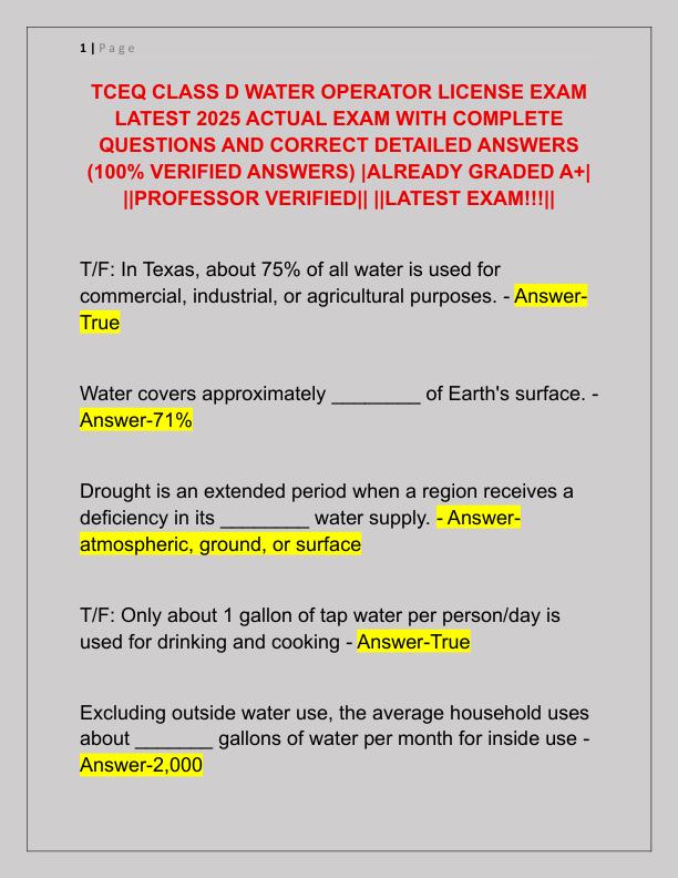 TCEQ CLASS D WATER OPERATOR LICENSE EXAM LATEST 2025 ACTUAL EXAM WITH COMPLETE QUESTIONS AND CORRECT DETAILED ANSWERS