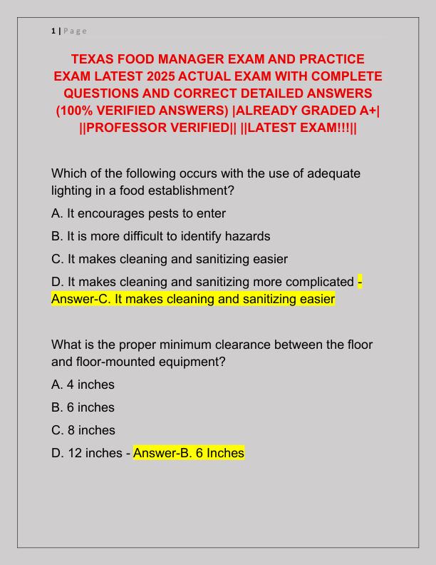 TEXAS FOOD MANAGER EXAM AND PRACTICE EXAM LATEST 2025 ACTUAL EXAM WITH COMPLETE QUESTIONS AND CORRECT DETAILED ANSWERS