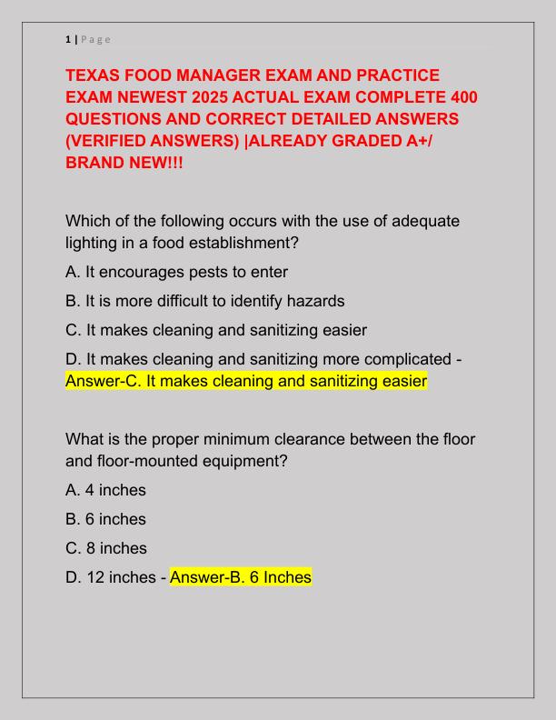 TEXAS FOOD MANAGER EXAM AND PRACTICE EXAM NEWEST 2025 ACTUAL EXAM COMPLETE 400 QUESTIONS AND CORRECT DETAILED ANSWERS