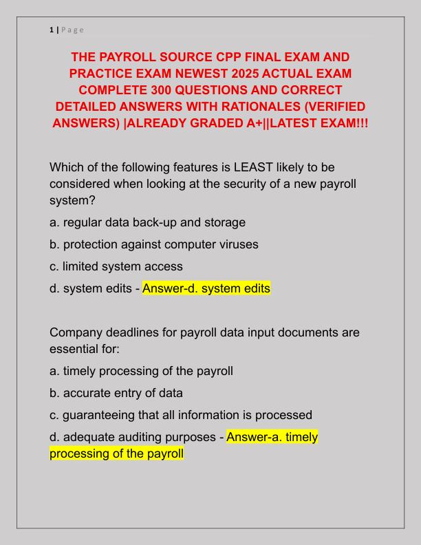 THE PAYROLL SOURCE CPP FINAL EXAM AND PRACTICE EXAM NEWEST 2025 ACTUAL EXAM COMPLETE 300 QUESTIONS AND CORRECT DETAILED ANSWERS WITH RATIONALES