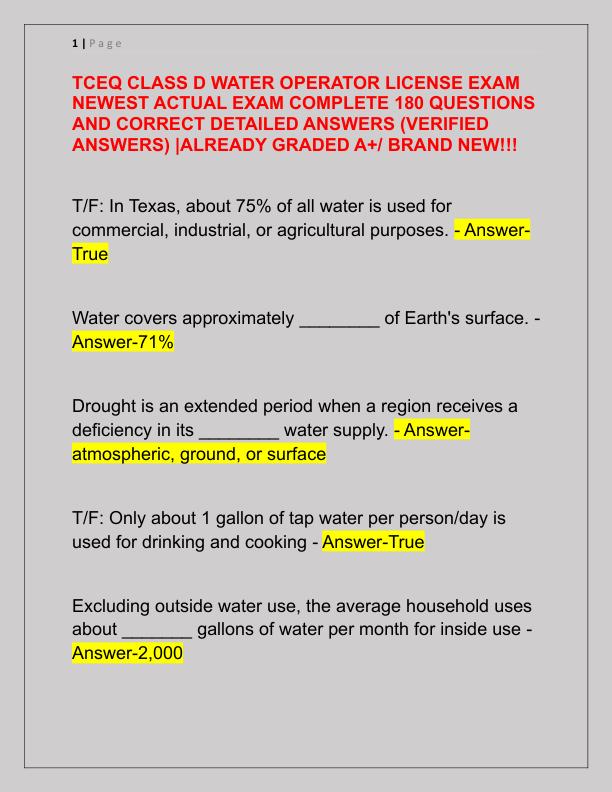TCEQ CLASS D WATER OPERATOR LICENSE EXAM NEWEST ACTUAL EXAM COMPLETE 180 QUESTIONS AND CORRECT DETAILED ANSWERS