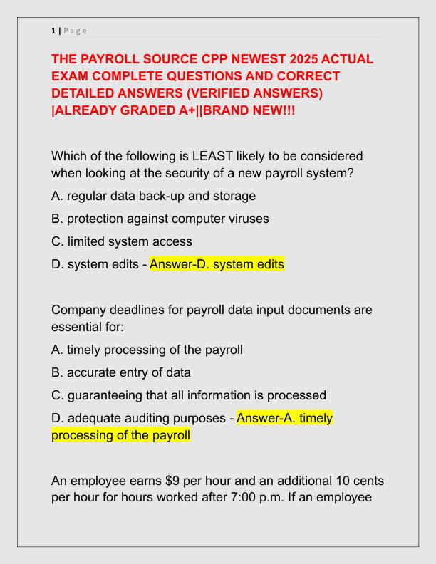 THE PAYROLL SOURCE CPP NEWEST 2025 ACTUAL EXAM COMPLETE QUESTIONS AND CORRECT DETAILED ANSWERS