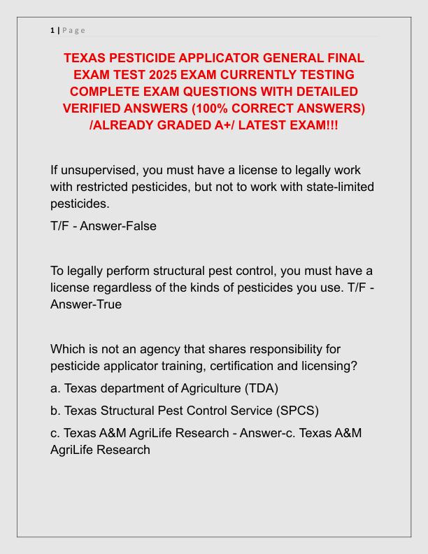 TEXAS PESTICIDE APPLICATOR GENERAL FINAL EXAM TEST 2025 EXAM CURRENTLY TESTING COMPLETE EXAM QUESTIONS WITH DETAILED VERIFIED ANSWERS