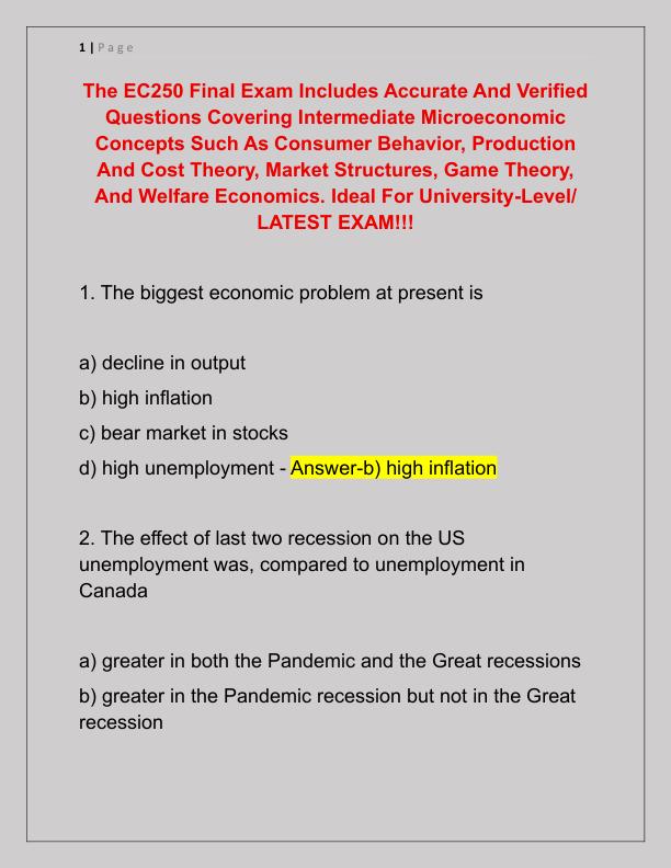 The EC250 Final Exam Includes Accurate And Verified Questions Covering Intermediate Microeconomic Concepts Such As Consumer Behavior