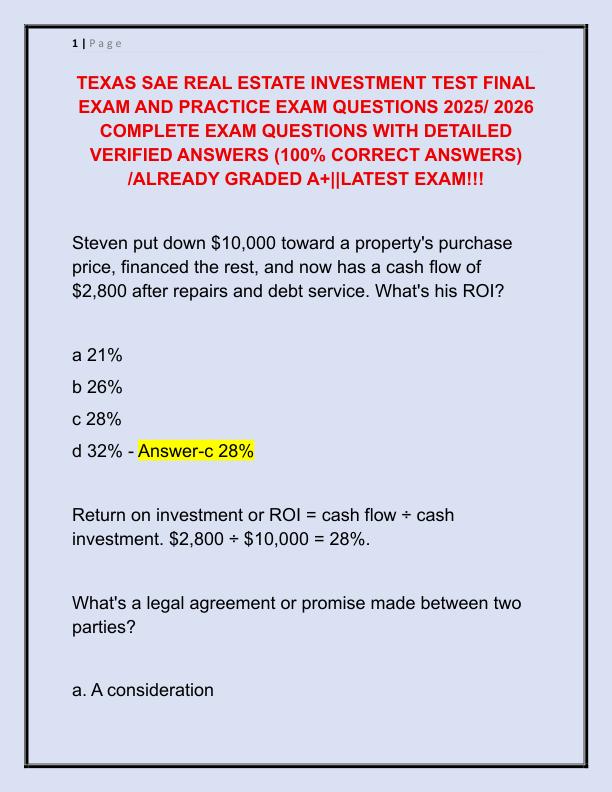 TEXAS SAE REAL ESTATE INVESTMENT TEST FINAL EXAM AND PRACTICE EXAM QUESTIONS 2025