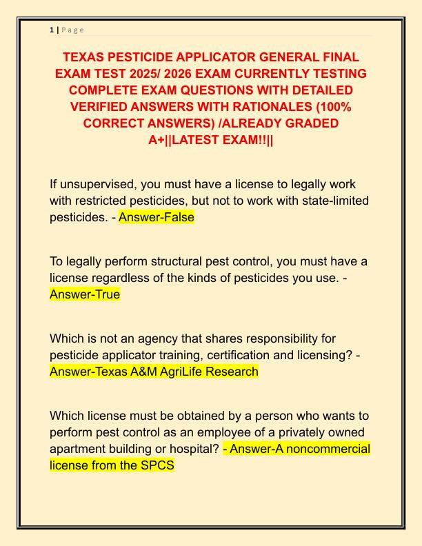 TEXAS PESTICIDE APPLICATOR GENERAL FINAL EXAM TEST 2025