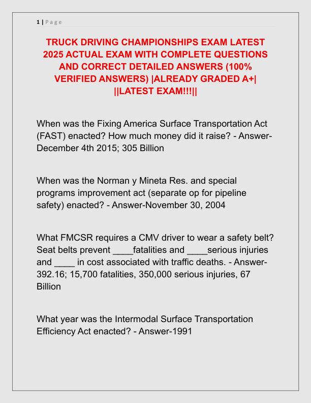 TRUCK DRIVING CHAMPIONSHIPS EXAM LATEST 2025 ACTUAL EXAM WITH COMPLETE QUESTIONS AND CORRECT DETAILED ANSWERS