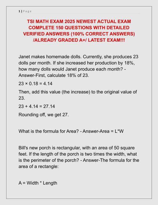 TSI MATH EXAM 2025 NEWEST ACTUAL EXAM COMPLETE 150 QUESTIONS WITH DETAILED VERIFIED ANSWERS