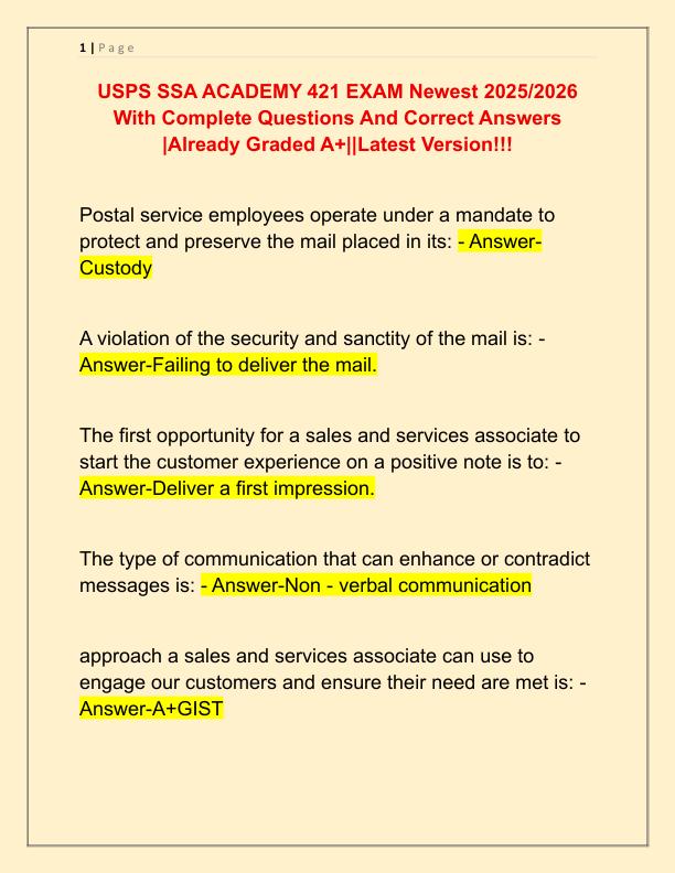 USPS SSA ACADEMY 421 EXAM Newest 2025