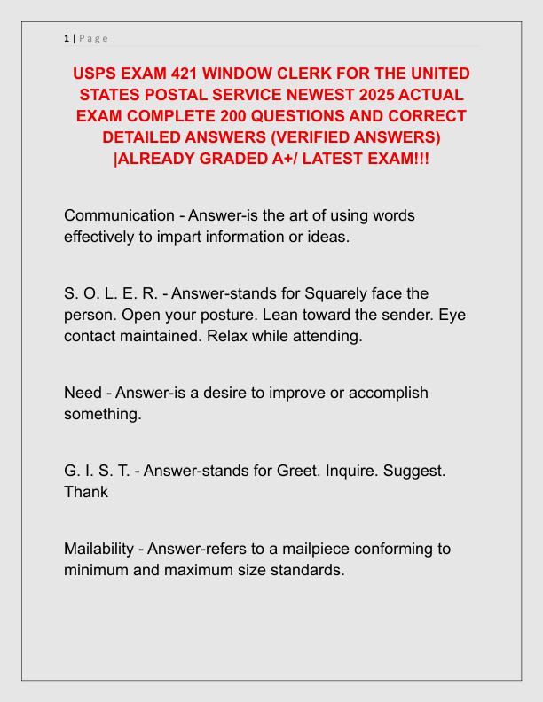 USPS EXAM 421 WINDOW CLERK FOR THE UNITED STATES POSTAL SERVICE NEWEST 2025 ACTUAL EXAM COMPLETE 200 QUESTIONS AND CORRECT DETAILED ANSWERS