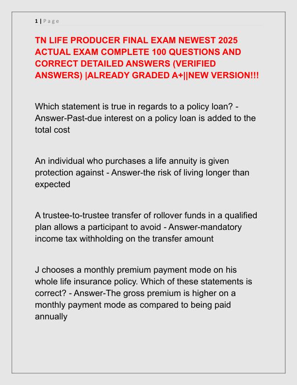 TN LIFE PRODUCER FINAL EXAM NEWEST 2025 ACTUAL EXAM COMPLETE 100 QUESTIONS AND CORRECT DETAILED ANSWERS