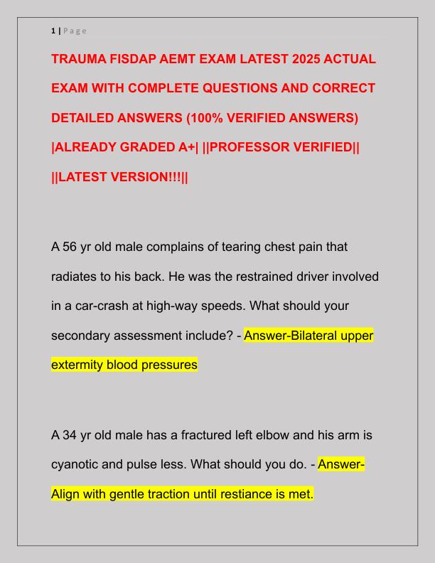 TRAUMA FISDAP AEMT EXAM LATEST 2025 ACTUAL EXAM WITH COMPLETE QUESTIONS AND CORRECT DETAILED ANSWERS