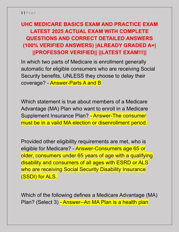 UHC MEDICARE BASICS EXAM AND PRACTICE EXAM LATEST 2025 ACTUAL EXAM WITH COMPLETE QUESTIONS AND CORRECT DETAILED ANSWERS
