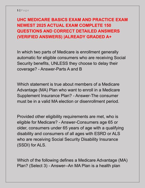 UHC MEDICARE BASICS EXAM AND PRACTICE EXAM NEWEST 2025 ACTUAL EXAM COMPLETE 150 QUESTIONS AND CORRECT DETAILED ANSWERS