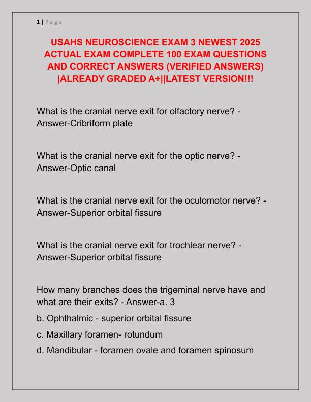 USAHS NEUROSCIENCE EXAM 3 NEWEST 2025 ACTUAL EXAM COMPLETE 100 EXAM QUESTIONS AND CORRECT ANSWERS