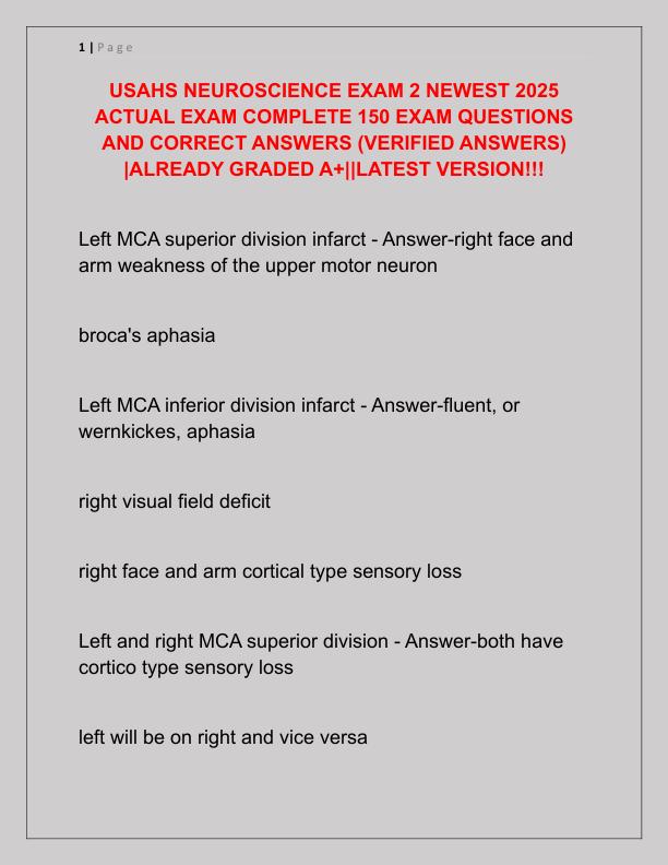 USAHS NEUROSCIENCE EXAM 2 NEWEST 2025 ACTUAL EXAM COMPLETE 150 EXAM QUESTIONS AND CORRECT ANSWERS