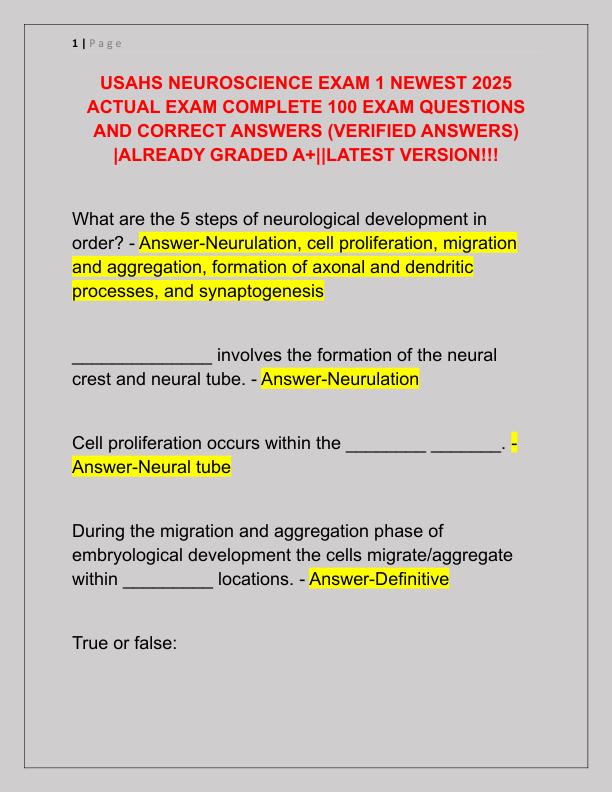 USAHS NEUROSCIENCE EXAM 1 NEWEST 2025 ACTUAL EXAM COMPLETE 100 EXAM QUESTIONS AND CORRECT ANSWERS