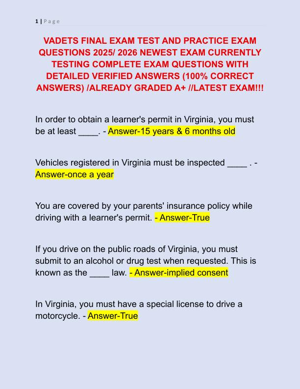 VADETS FINAL EXAM TEST AND PRACTICE EXAM QUESTIONS 2025