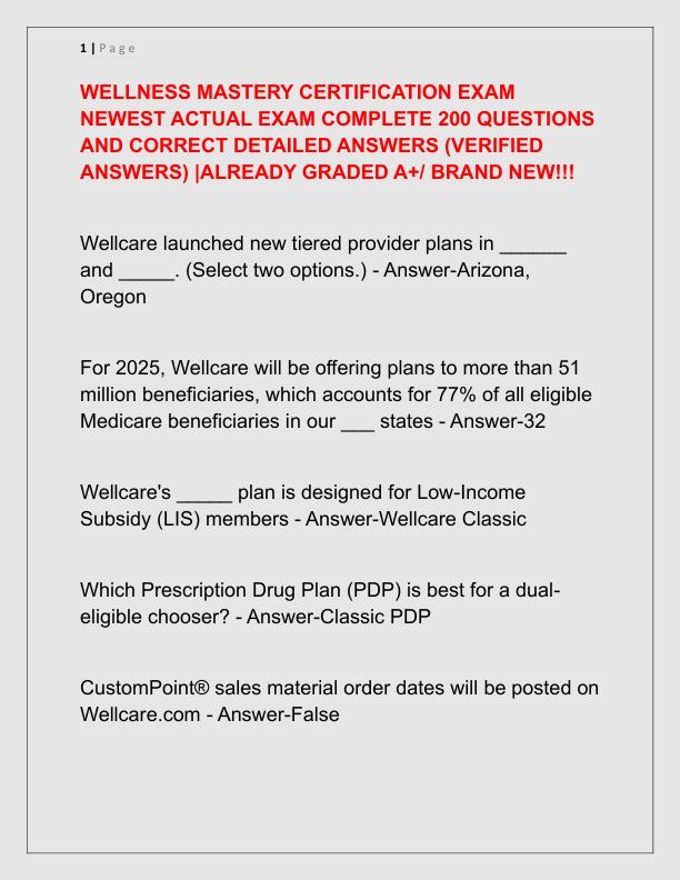 WELLNESS MASTERY CERTIFICATION EXAM NEWEST ACTUAL EXAM COMPLETE 200 QUESTIONS AND CORRECT DETAILED ANSWERS