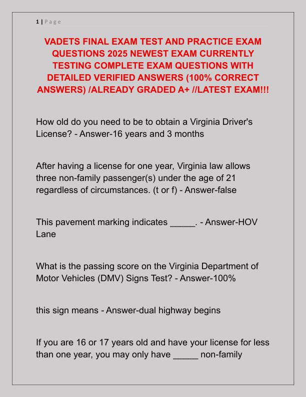 VADETS FINAL EXAM TEST AND PRACTICE EXAM QUESTIONS 2025 NEWEST EXAM CURRENTLY TESTING COMPLETE EXAM QUESTIONS WITH DETAILED VERIFIED ANSWERS