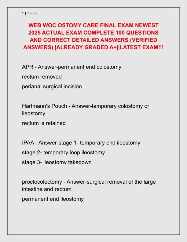 WEB WOC OSTOMY CARE FINAL EXAM NEWEST 2025 ACTUAL EXAM COMPLETE 100 QUESTIONS AND CORRECT DETAILED ANSWERS