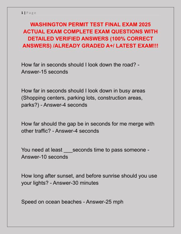 WASHINGTON PERMIT TEST FINAL EXAM 2025 ACTUAL EXAM COMPLETE EXAM QUESTIONS WITH DETAILED VERIFIED ANSWERS